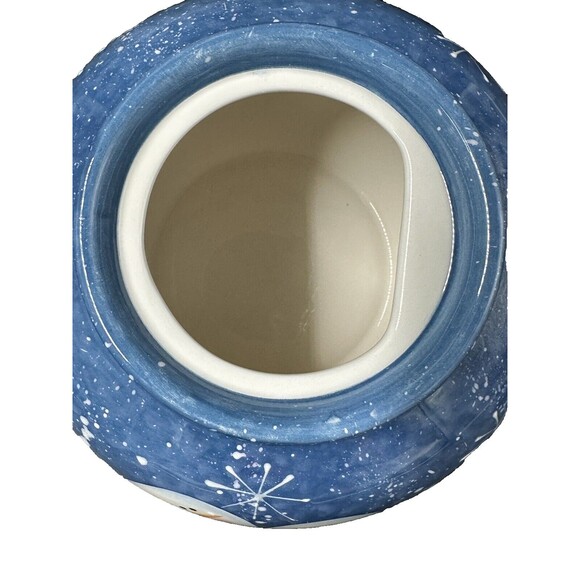 Folk Art Ceramic Blue and White Snowman Teapot with Snowflakes and Lid - Picture 6 of 7